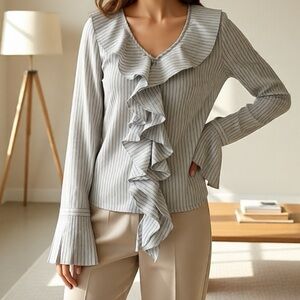 VINTAGE | Ruffle V-Neck Long Sleeve